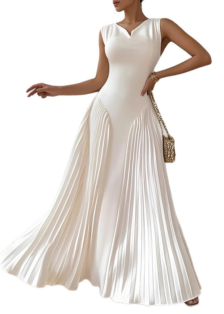 Elegant White O Neck Wrinkled Patchwork Cotton Long Dresses Sleeveless
