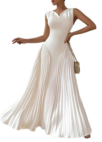 Elegant White O Neck Wrinkled Patchwork Cotton Long Dresses Sleeveless