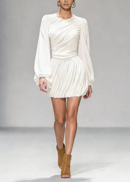 Elegant White O Neck Wrinkled Patchwork Mid Dress Lantern Sleeve