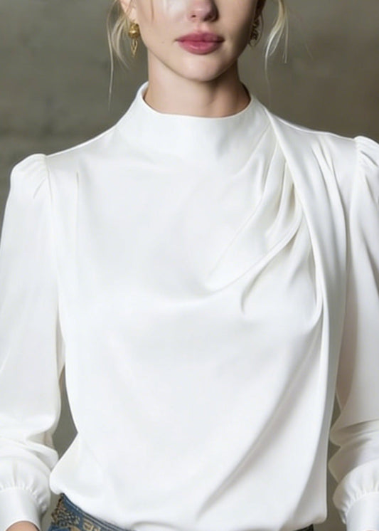 Elegant White O Neck Wrinkled Silk Shirts Spring