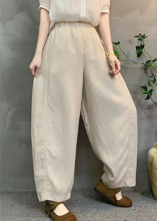 Elegant White Oversized Elastic Waist Linen Pants Summer