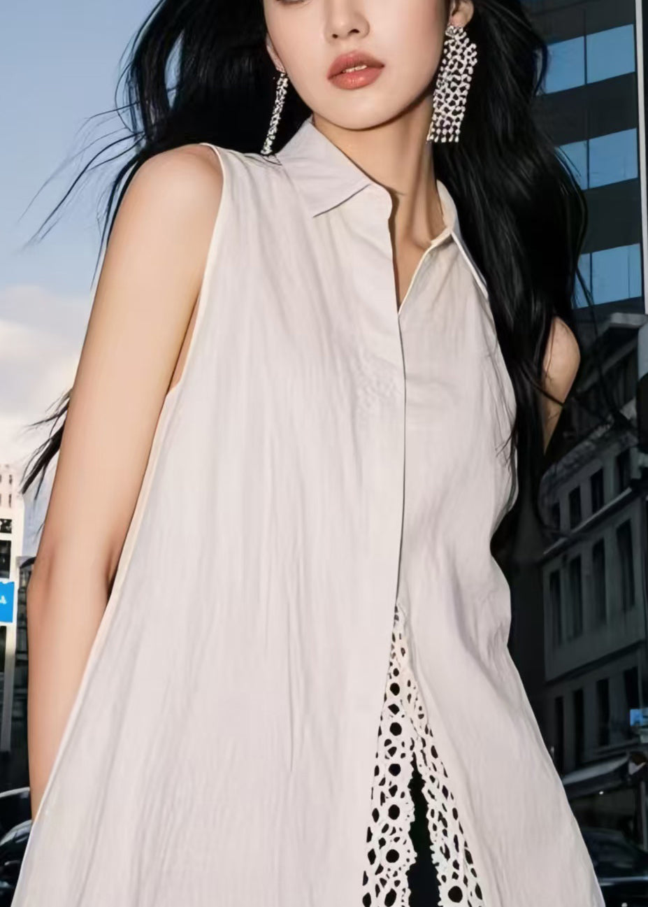 Elegant White Oversized Patchwork Lace Day Dress Sleeveless