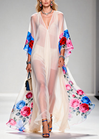 Elegant White Oversized Print Sheer Chiffon Maxi Dresses Summer