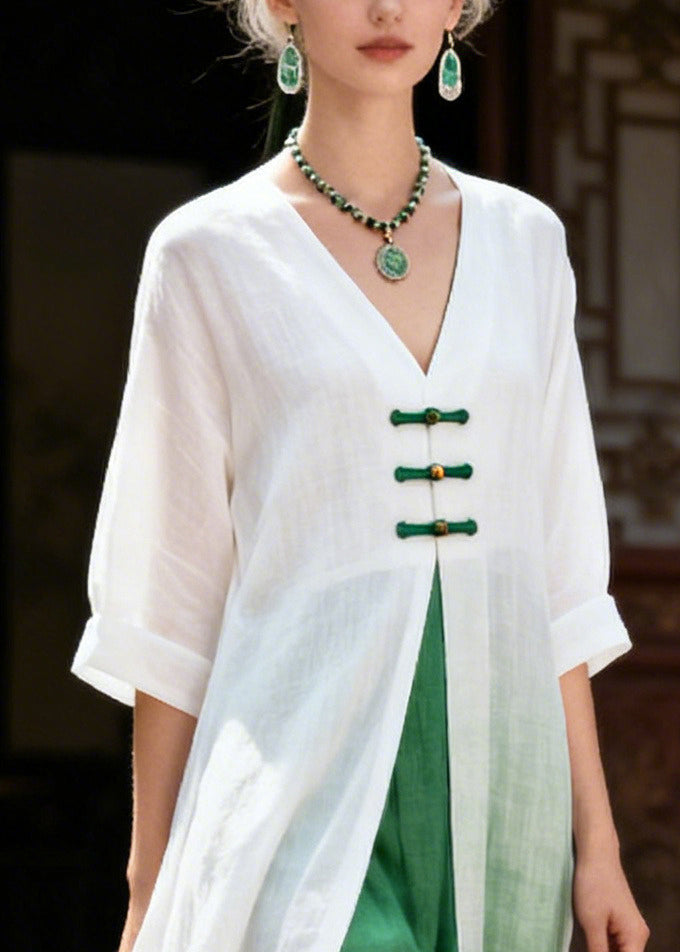 Elegant White Patchwork Chinese Button Cotton Oriental Dresses Summer
