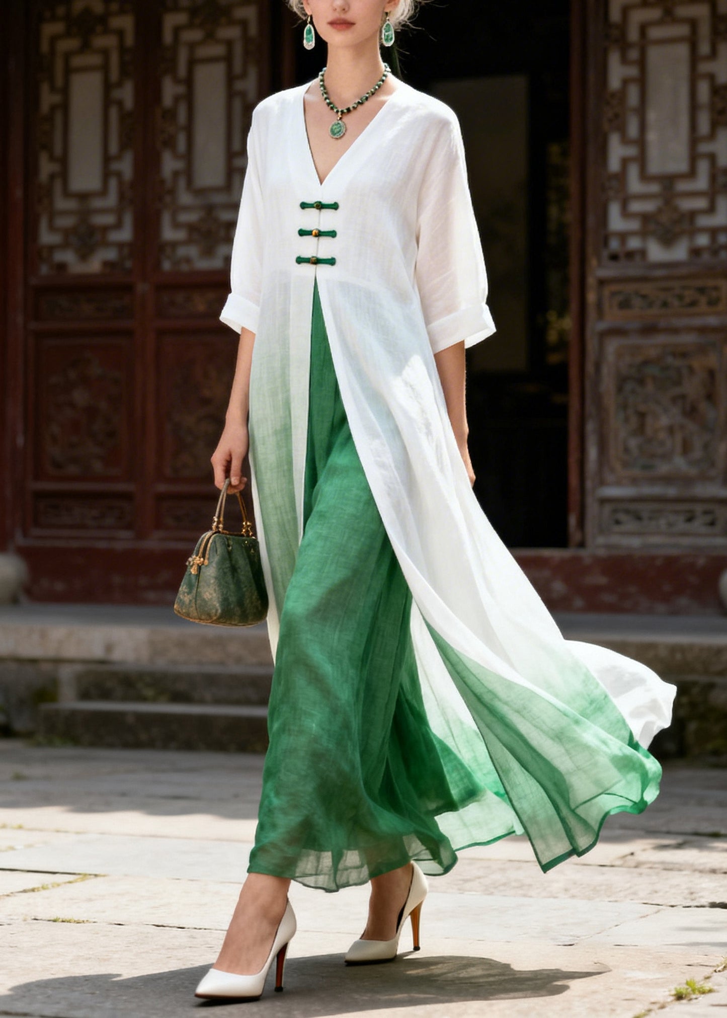 Elegant White Patchwork Chinese Button Cotton Oriental Dresses Summer