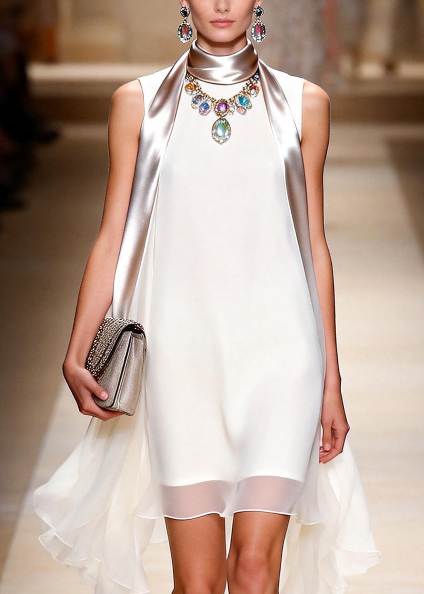 Elegant White Patchwork Exra Large Hem Chiffon Party Dress Sleeveless