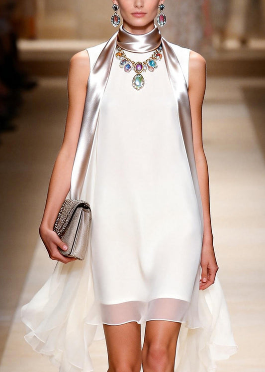 Elegant White Patchwork Exra Large Hem Chiffon Party Dress Sleeveless