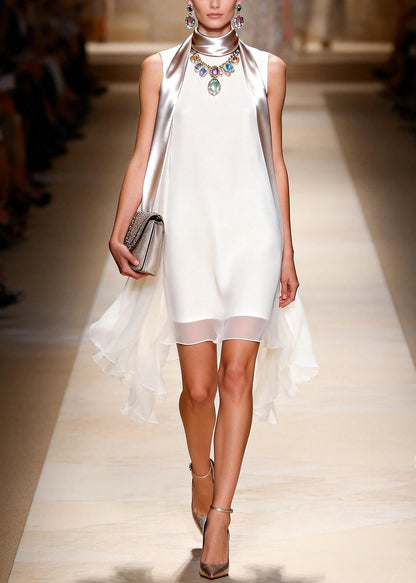 Elegant White Patchwork Exra Large Hem Chiffon Party Dress Sleeveless