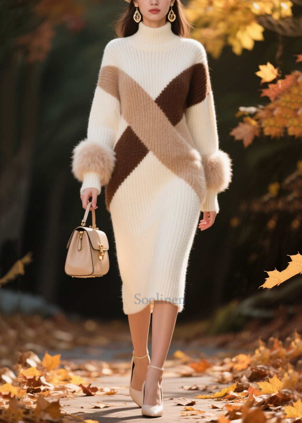 Elegant White Patchwork Faux Fur Knitwear Dress Turtle Neck Winter