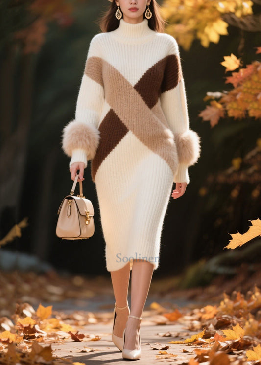 Elegant White Patchwork Faux Fur Knitwear Dress Turtle Neck Winter