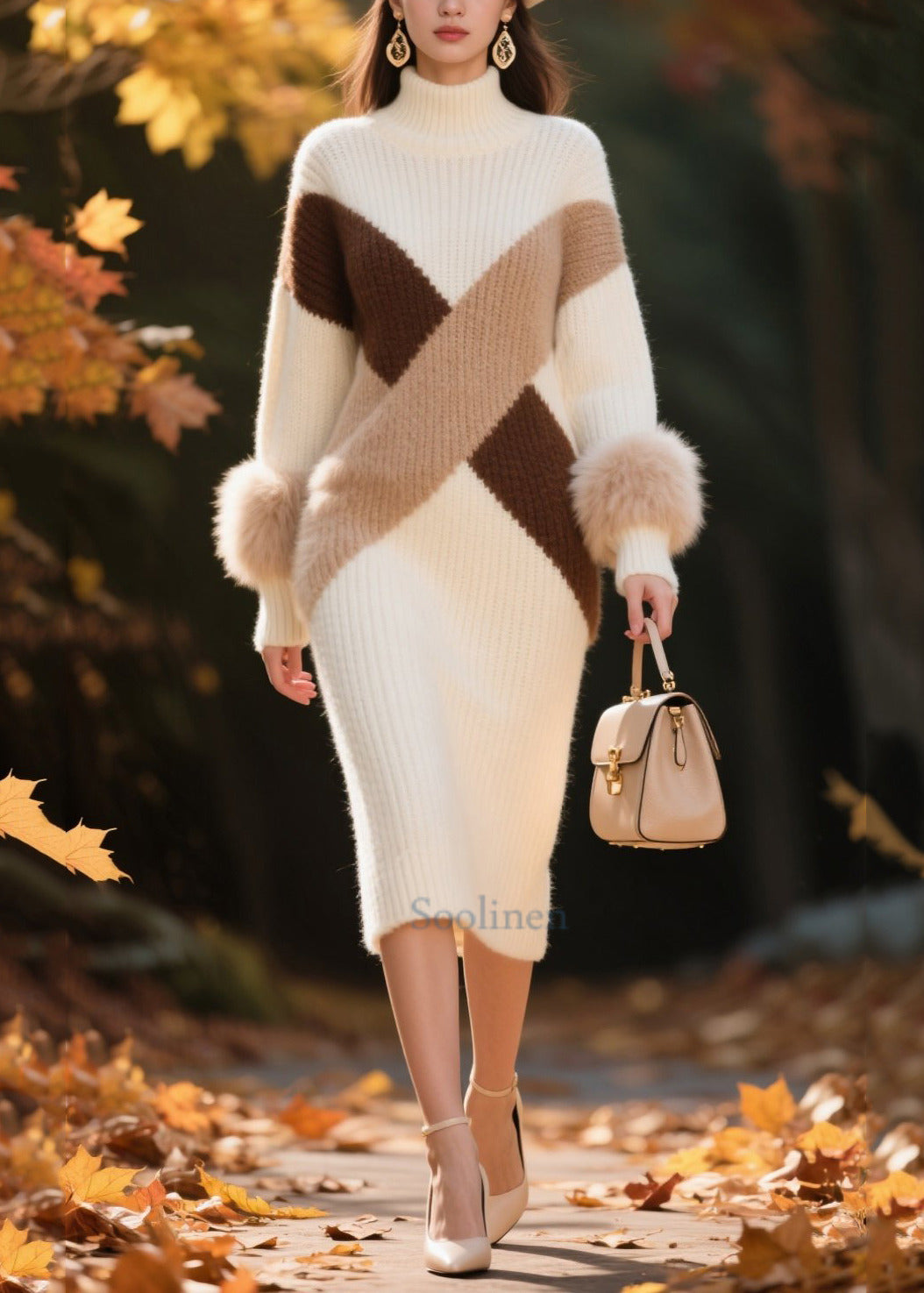 Elegant White Patchwork Faux Fur Knitwear Dress Turtle Neck Winter