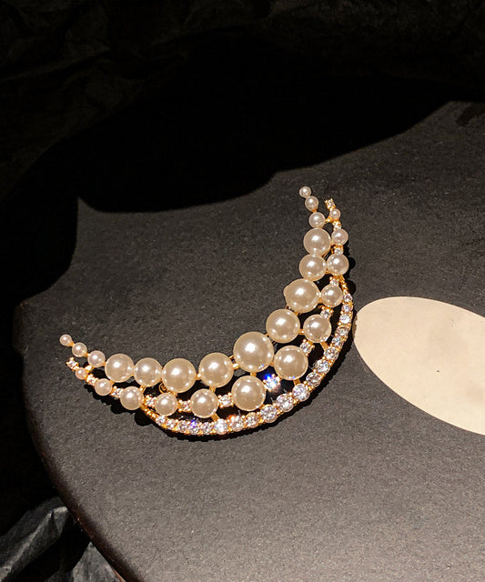 Elegant White Pearl Moon Shaped Fine Zircon Brooch