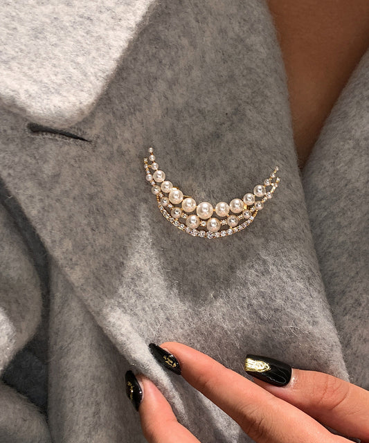 Elegant White Pearl Moon Shaped Fine Zircon Brooch