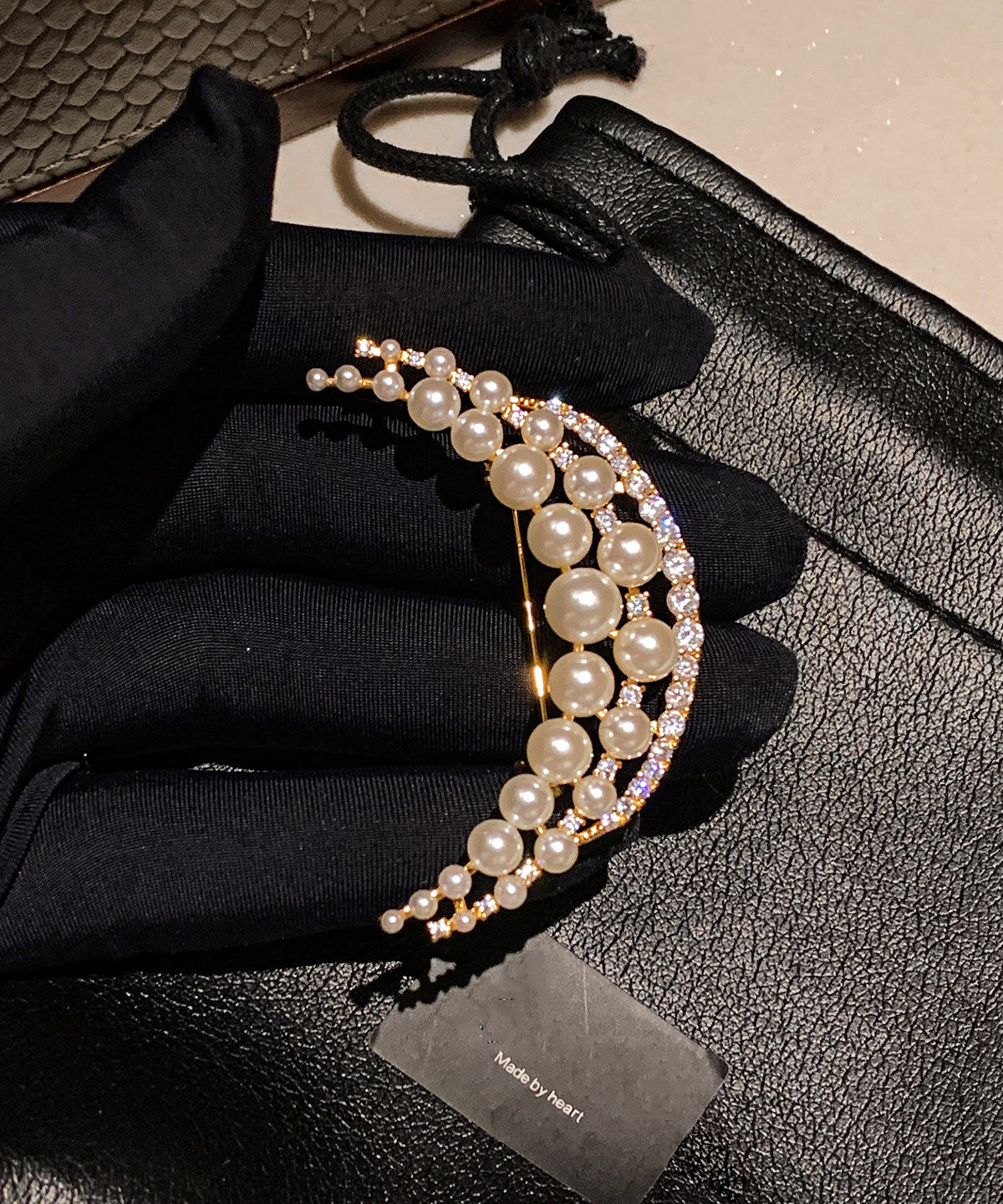 Elegant White Pearl Moon Shaped Fine Zircon Brooch