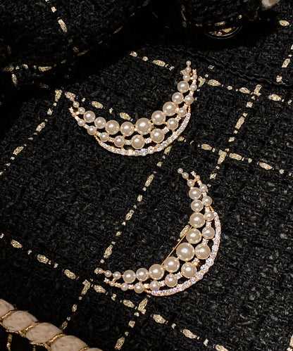 Elegant White Pearl Moon Shaped Fine Zircon Brooch