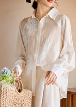 Load image into Gallery viewer, Elegant White Peter Pan Collar Embroidered Button Silk Shirts Fall