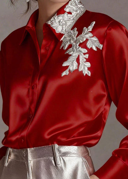 Elegant White Peter Pan Collar Embroidered Silk Shirt Top Long Sleeve