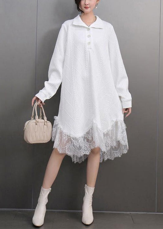 Elegant White Peter Pan Collar Lace Patchwork Long Dress Fall