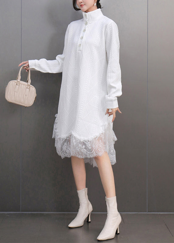 Elegant White Peter Pan Collar Lace Patchwork Long Dress Fall