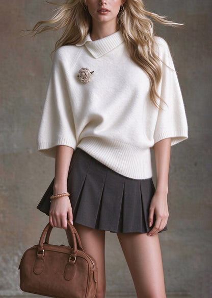 Elegant White Peter Pan Collar Patchwork Knit Sweaters Batwing Sleeve