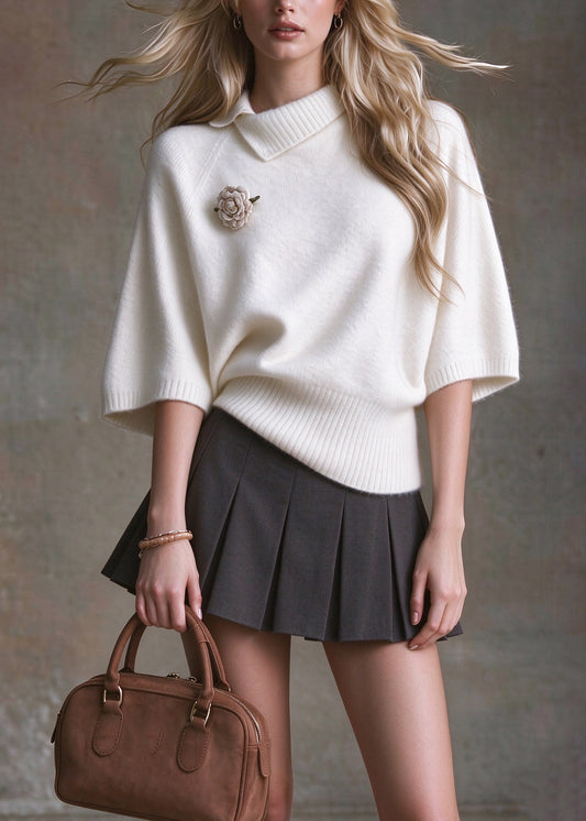 Elegant White Peter Pan Collar Patchwork Knit Sweaters Batwing Sleeve