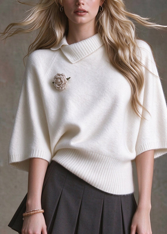 Elegant White Peter Pan Collar Patchwork Knit Sweaters Batwing Sleeve