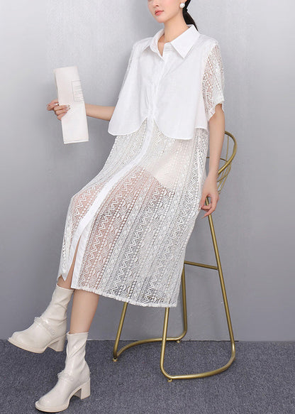 Elegant White Peter Pan Collar Patchwork Lace Shirt Dress Summer