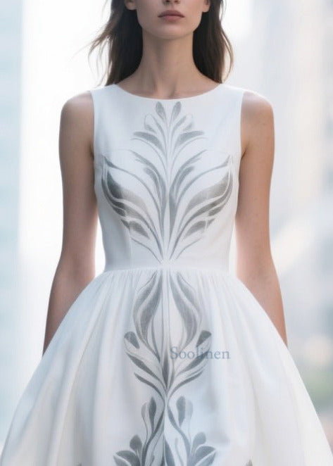 Elegant White Print Exra Large Hem Silk Cotton Dress Summer