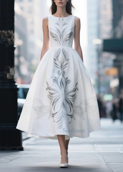 Elegant White Print Exra Large Hem Silk Cotton Dress Summer