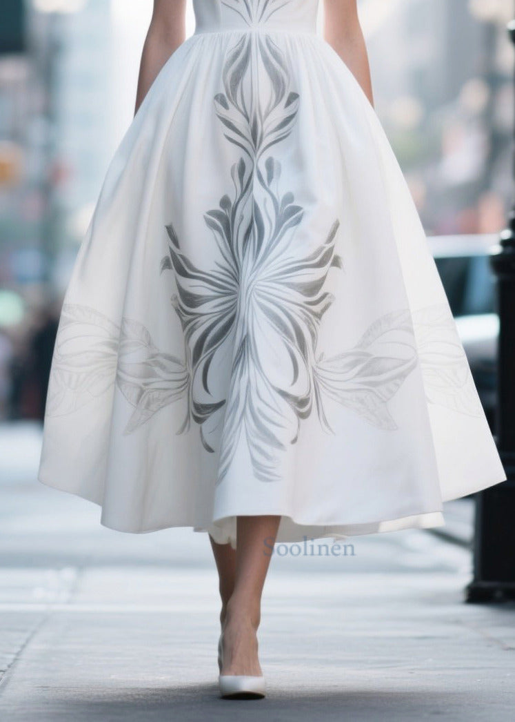 Elegant White Print Exra Large Hem Silk Cotton Dress Summer