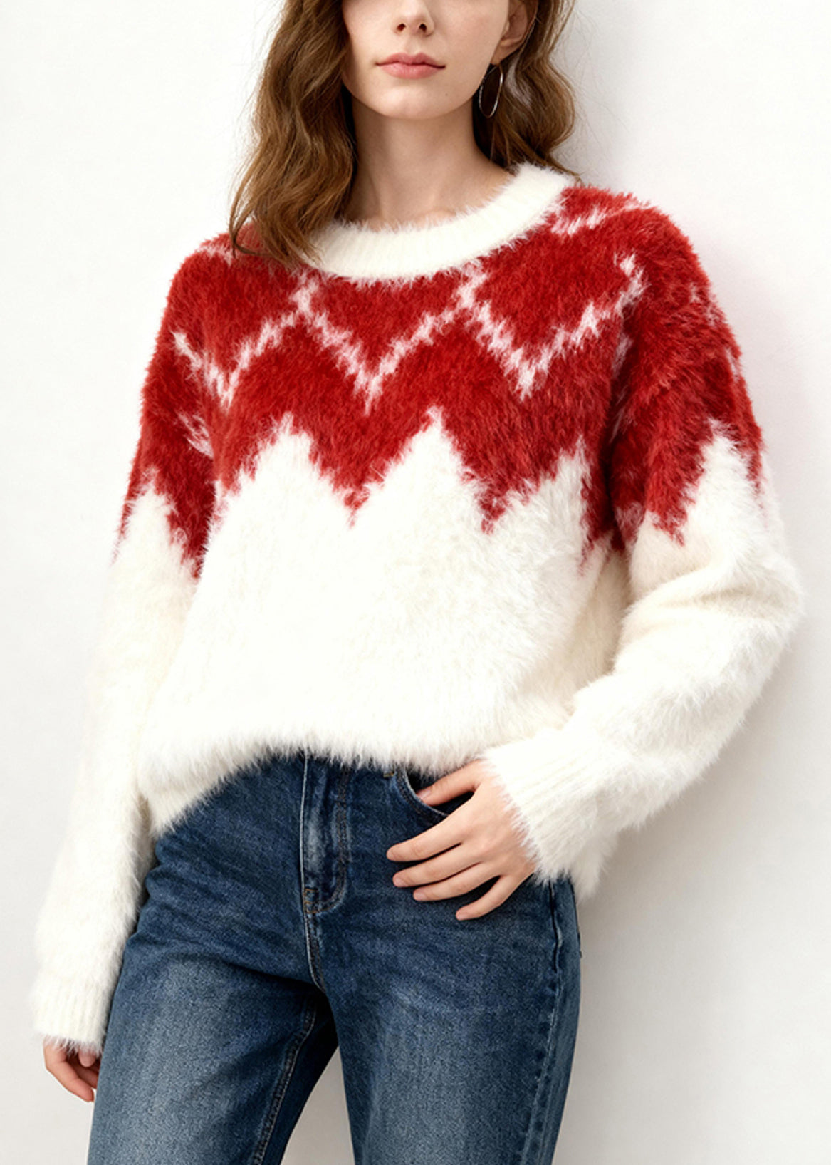 Elegant White Red Patchwork O-Neck Print Cotton Knitted Sweater Long Sleeve