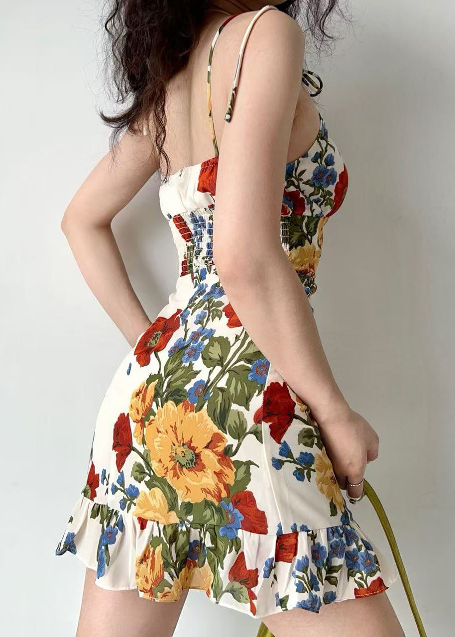 Elegant White Ruffled Floral Print Chiffon Mini Dress Summer