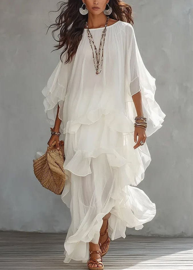 Elegant White Ruffled Patchwork Maxi Dress Lantern Sleeve