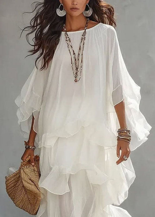 Elegant White Ruffled Patchwork Maxi Dress Lantern Sleeve