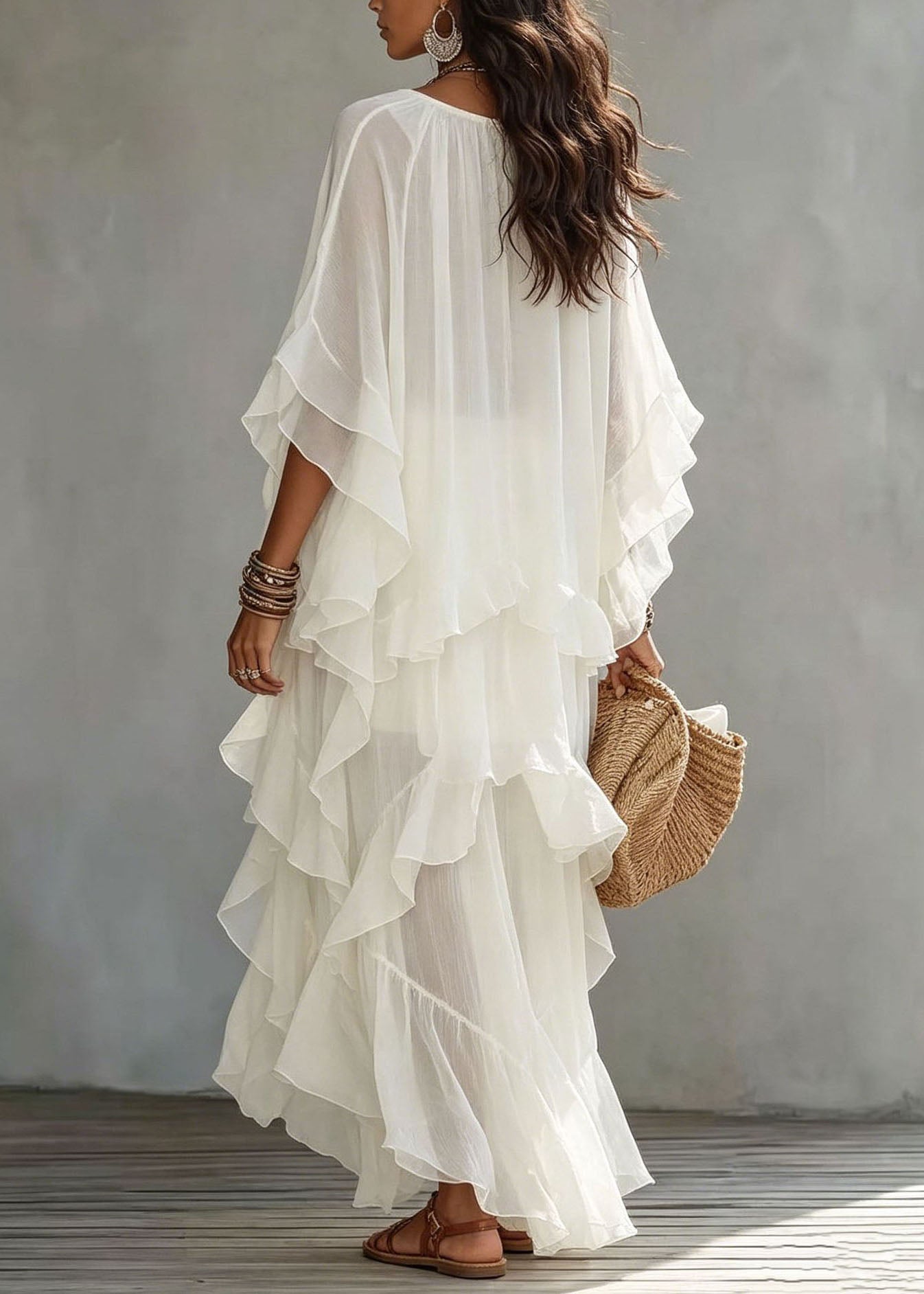 Elegant White Ruffled Patchwork Maxi Dress Lantern Sleeve