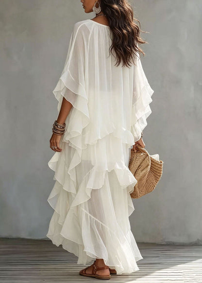 Elegant White Ruffled Patchwork Maxi Dress Lantern Sleeve