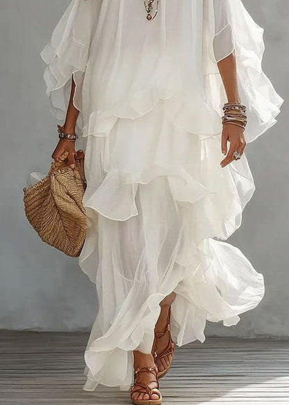 Elegant White Ruffled Patchwork Maxi Dress Lantern Sleeve