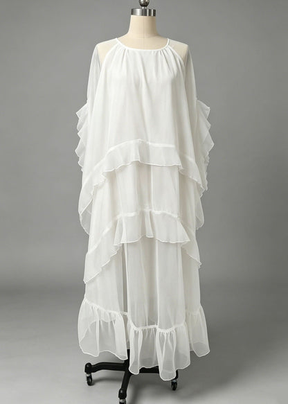 Elegant White Ruffled Patchwork Maxi Dress Lantern Sleeve
