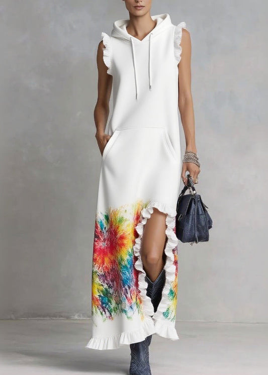 Elegant White Ruffled Print Drawstring Vacation Hooded Dresses Summer