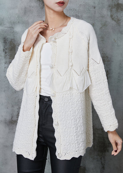 Elegant White Ruffles Patchwork Knit Coat Outwear Spring