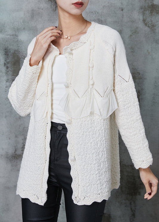Elegant White Ruffles Patchwork Knit Coat Outwear Spring