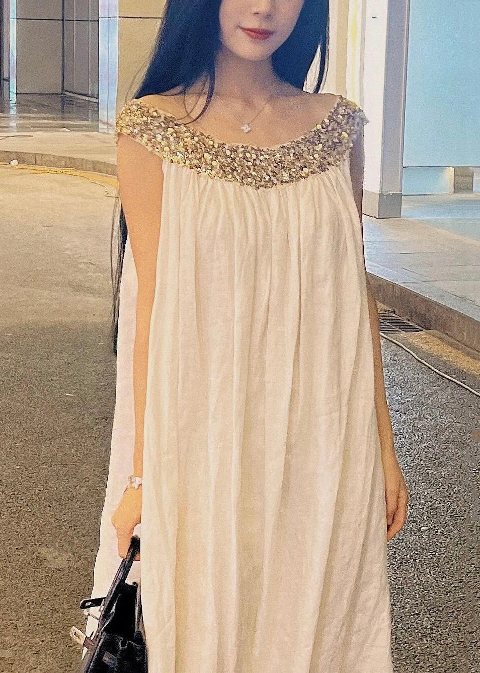 Elegant White Sequins Patchwork Cotton Long Dress Sleeveless