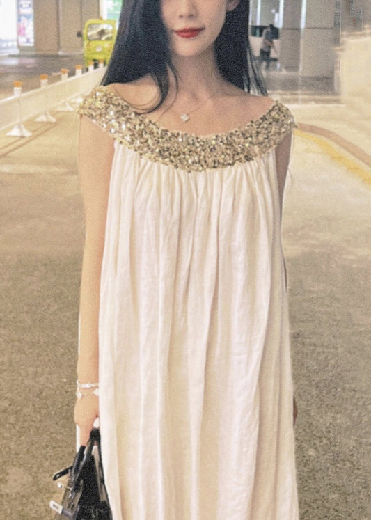 Elegant White Sequins Patchwork Cotton Long Dress Sleeveless