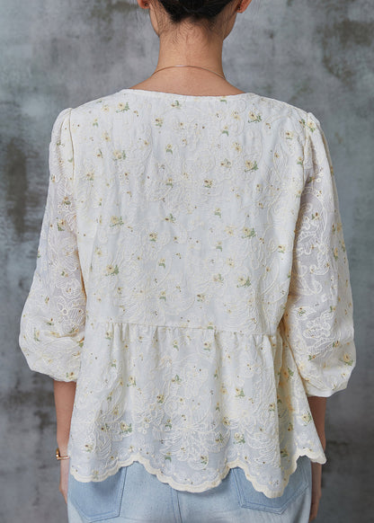 Elegant White Square Collar Embroidered Cotton Tops Spring