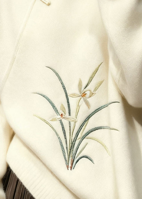 Elegant White Stand Collar Button Orchid Knit Sweaters Winter