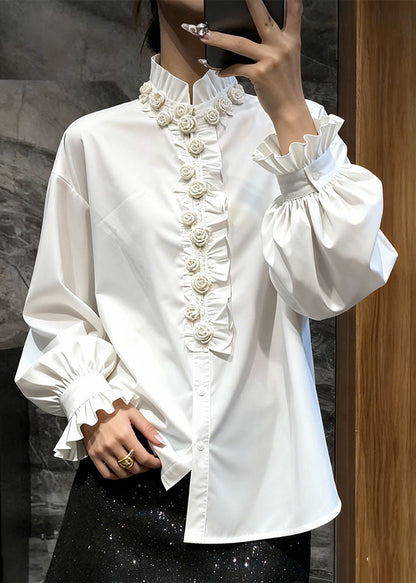 Elegant White Stand Collar Floral Ruffled Solid Top Fall