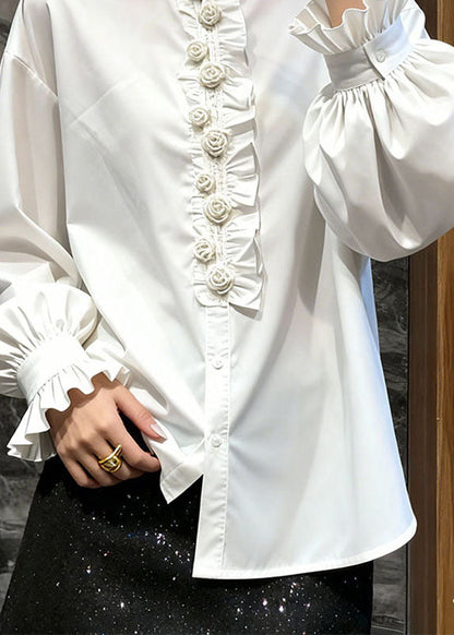 Elegant White Stand Collar Floral Ruffled Solid Top Fall
