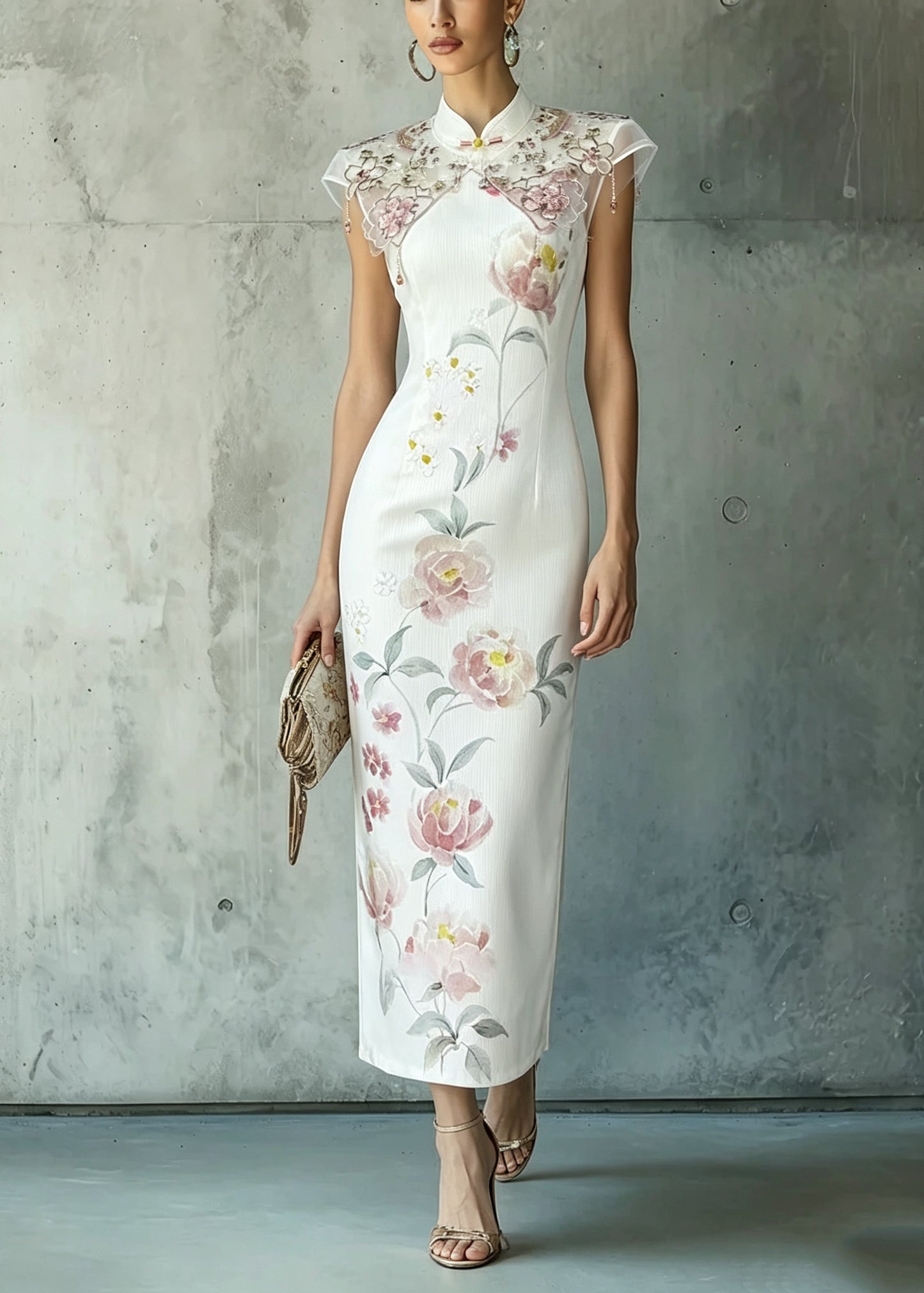 Elegant White Stand Collar Print Oriental Button Chiffon Dress Summer