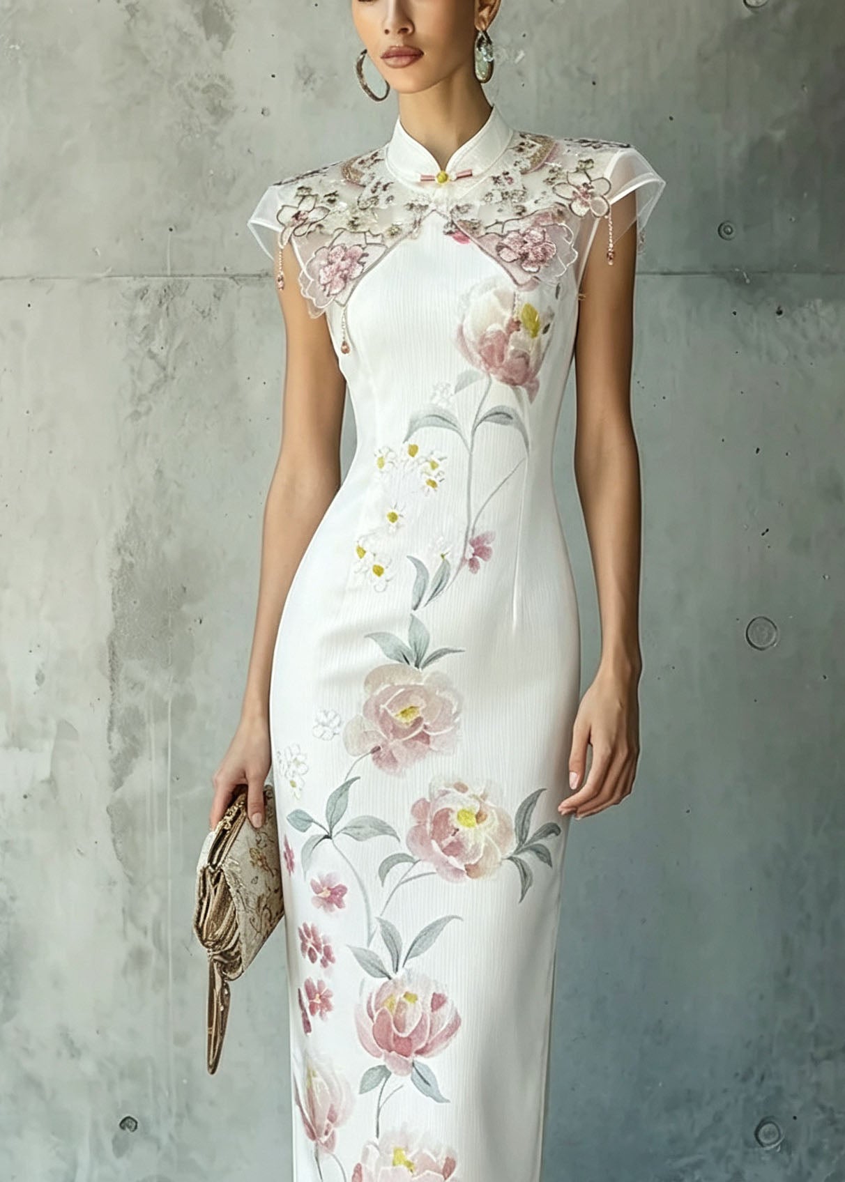 Elegant White Stand Collar Print Oriental Button Chiffon Dress Summer