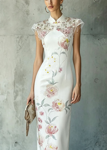 Elegant White Stand Collar Print Oriental Button Chiffon Dress Summer